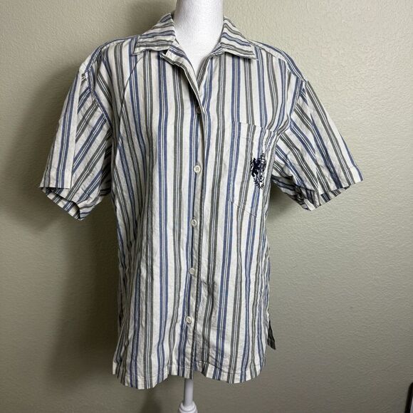 Rafaella Women's‎ Top Short Sleeve Button Up Striped Embroidered Pocket Size M - Picture 1 of 8